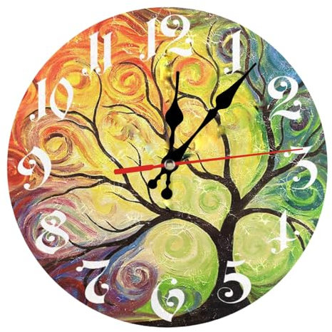 astylishome Uhren für Wohnzimmer, große Wand, bunter Baum, nicht tickend, leise, batteriebetrieben, dekorativ, 25,4 cm, für Küche, Innenbereich, Zuhause, Schlafzimmer, 1207