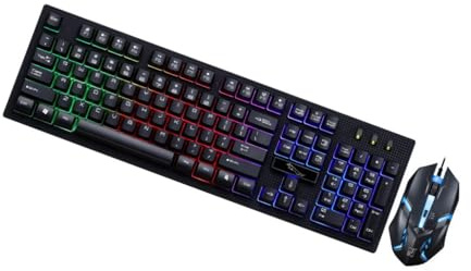Ensemble Clavier et Souris de Jeu Lumineux Filaire USB, 104 Touches | Plastique Noir, 1 Lot, Non Conflict Design, Usage Bureau et Maison, 4 Touches Souris