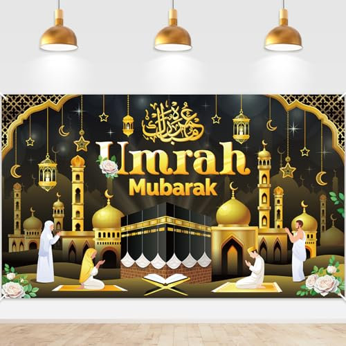 DPKOW Banner Umrah Mubarak Deko Schwarz gold, Hintergrund Banner für Umrah Zubehör Islamische Muslimische عمرة مبارك Dekoration, 185 * 110 cm