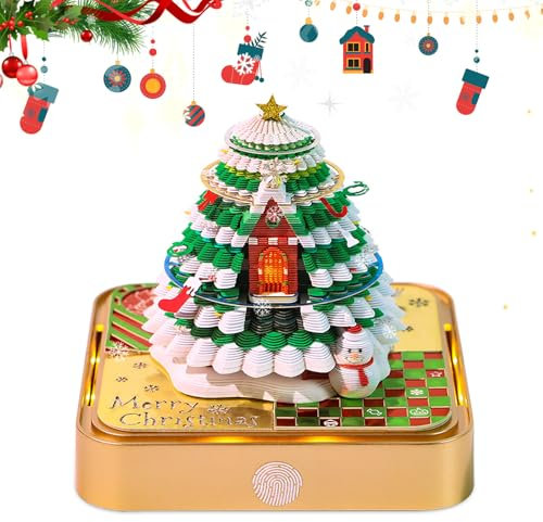 Calendrier de Bureau 2025 avec Lumières,Calendrier Art 3D 2025,Calendrier de l'arbre de Noël,3D Calendrier Papier Sculpture Cadeau avec Boîte D'affichage Transparente (Base Dorée)