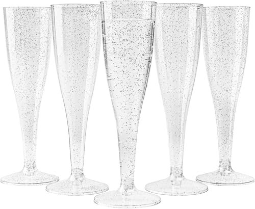 MATANA 96 Premium Elegant Plastic Champagne Flutes with Silver Glitter, 133ml - Reusable Toasting Glasses, Cocktail Prosecco Glasses for Weddings, Birthdays, Christmas, BBQ, Parties