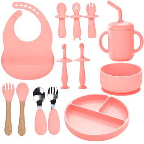 Silikon Baby Geschirrset, 13PCS Kindergeschirr Set, Baby Teller Mit Saugnapf,Baby Schüssel, Baby Trinkbecher, Baby löffel und Gabel, Lätzchen, Baby Zahnbürste, Baby Led Weaning Besteck Set (Rosa)