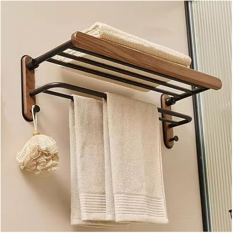 Porte-serviettes en bois rustique pour étagère de salle de bain, double porte-serviettes avec crochets, support mural pliable, antirouille pour salle de bain, toilettes, ferme, matériel de cuisine