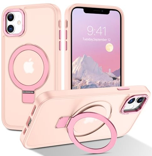 DOMAVER Case for iPhone 12 Mini, Magnetic [Compatible with mag-safe] Stand Holder Shockproof Matte Cover Anti-Yellowing Cover Hard Slim Frosted Matte Phone Cases for iPhone 12 Mini 5.4, Pink