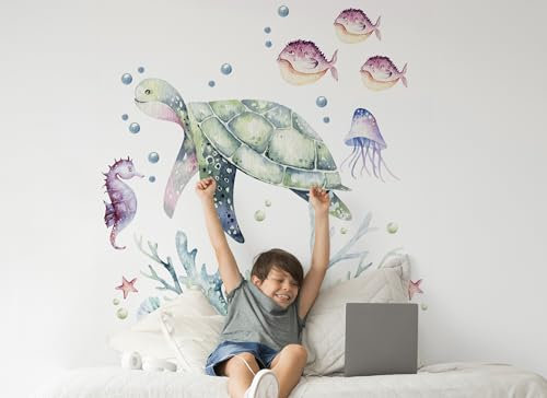 Osomhome |Wandtattoo Kinderzimmer Wandsticker | Wanddeko Babyzimmer | Schlafzimmer Junge Mädchen Selbstklebend | Schildkröte, Ozean, Korallenriff (Turtle, L)