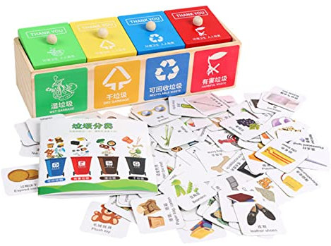 TOYANDONA Boîte à Jouets Bois pour Tri des Déchets Jouet Éducatif pour Garçon Fille Apprentissage Amusant Classification des Déchets Développe La Coordination Main-œil