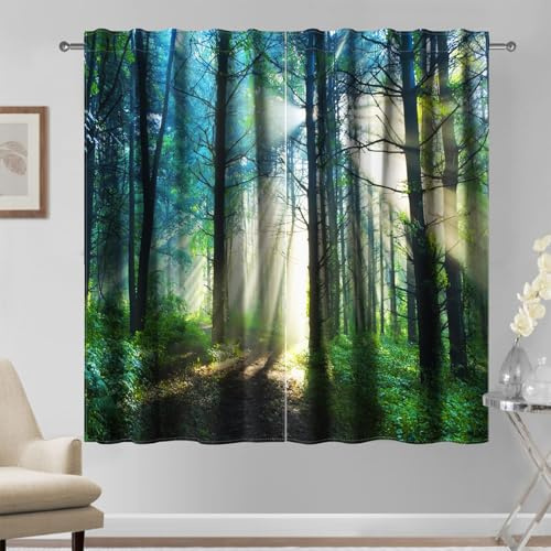 Kzzfqxb 117×183cm Wald Vorhänge 2 Paneele, Grüner Wald, üppige Bäume, Sonnenlicht, Waldpark, lebendige Gardinen, Fenstervorhänge für Wohnzimmer und Schlafzimmer