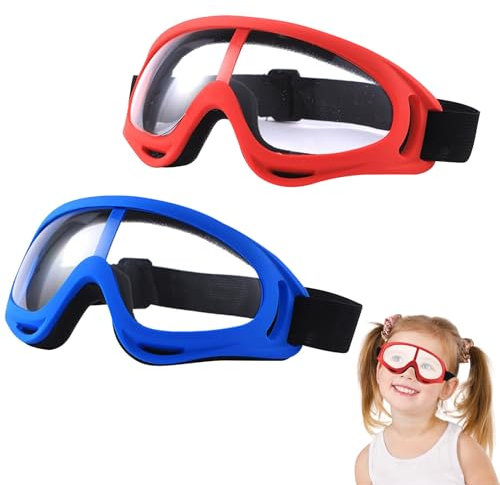 2 Stück Schutzbrille Kinder,Nerf Schutzbrille für Kinder,Brille Fahrradbrille Airsoft,Anti-Fall-Brille Augenschutzgerät Blaster,Clear Elite Goggles,Kids Kind Maske,Science Visier Zubehör,Rot,Blau