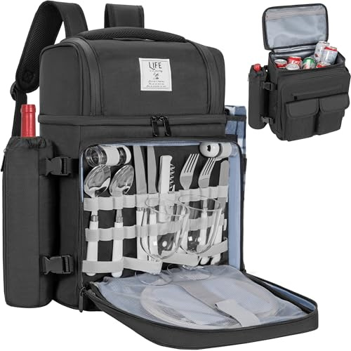 OUUTMEE 30L Sac à Dos de Pique-Nique pour 2 Personnes avec 2 Compartiments Réfrigérants Isolés et Étanches, Sac de Pique-Nique avec Vaisselle et Couverture, pour Plage, Camping, Randonnée (Noir)