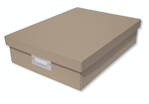 Osco Faux Leather A4 Document Storage Box with Lid, Stackable Desk Paperwork Organiser for A4 Files Envelopes, Durable Filing Solution for Home or Office, 8.5×25×33.5 cm, Light Taupe