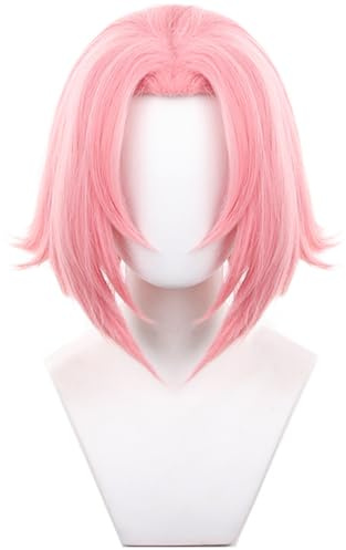 Kolegrial Haruno Sakura Cosplay Perücken Damen Rosa 35CM Kurz Kostümperücke Verkleidung Anime Ninja Haruno Sakura Halloween Karneval Party Geburtstag Maskenball Kostüm Zubehör Wig