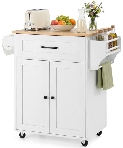 MAXLEAD Kitchen Storage Island on Lockable Wheels, Freestanding Trolley with Drawer, White Sideboard Cabinet for Dining Room, Living Room