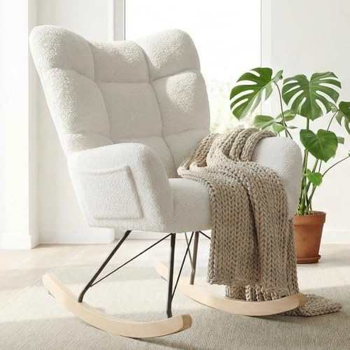 Clevich Schaukelstuhl Wohnzimmer, Schaukelsessel mit Teddystoff Gepolsterter, Holzkufen und Metallbeinen, für Wohnzimmer, Kinderzimmer, Schlafzimmer, Bis 136 kg Belastbar, Weiß