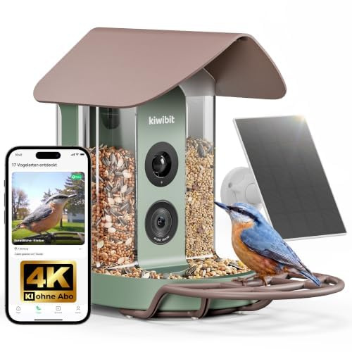 Kiwibit Vogelhaus mit Kamera, 4K, KI-Vogelerkennung, Solarpanel, ohne ABO | Live-Ansicht, KI-Vogelerkennung ohne Abo, Echtzeit-Alarm, 8MP Fotos und Nachtsicht