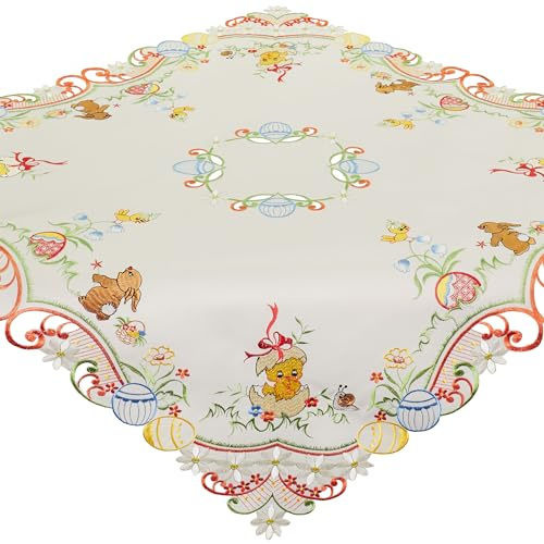 Tischdecke Ostern Mitteldecke Bestickt 85 x 85 Ostertischdecke Beige Küken Bunt Stoff Waschbar