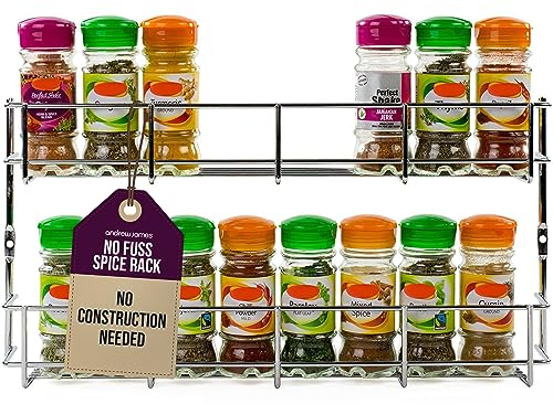 andrew james 1/2/3/4/5 Spice Rack Organiser – No Assembly Needed | Chrome Hanging Spice Shelf for Inside Cupboard Door or Wall Mounted | Kitchen Organiser & Storage Rack with Fixings - Holds 16 Jars