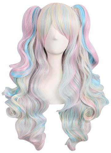 MapofBeauty farbige Lolita lange lockige geheftet auf Pferdeschwanz Cosplay Perücke (rosa/blau/blond)