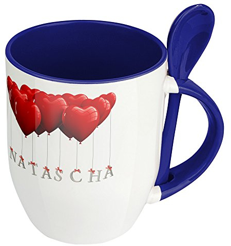 Namenstasse Natascha - Löffel-Tasse mit Namens-Motiv Herzballons - Becher, Kaffeetasse, Kaffeebecher, Mug - Blau