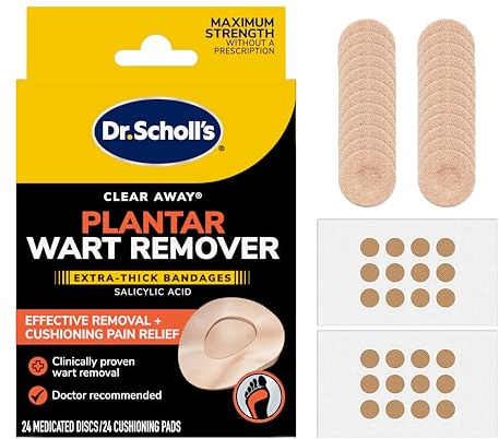 Dr. Scholl's Clear Away Plantar Wart Remover Extra-Thick Bandages for Feet, 24 Treatments - Clinically Proven Effective Wart Removal and Cushioning Pain Relief, Comfortable Multi-Day Coverage Patches