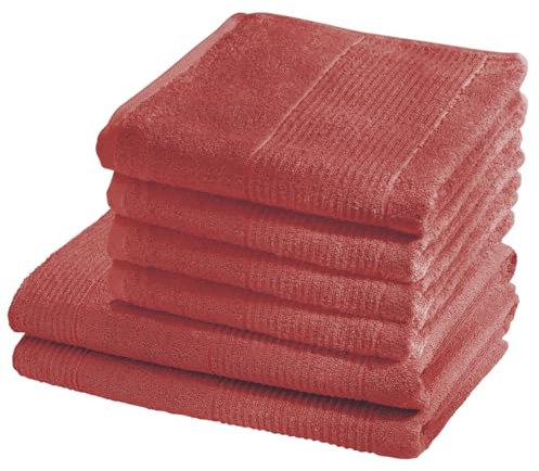 sleepling Marina 6er Set Handtuch (4 x 50 x 100 cm) und Duschtuch (2 x 70 x 140 cm), 100% Baumwolle 550 gr./m², Kordelaufhänger, Design Bordüre, Ökotex 100, Flamingo