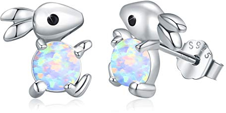 Hasen Ohrringe Silber 925 für Kinder - Opal Hase Ohrstecker Tiere für Mutter Tochter Mädchen