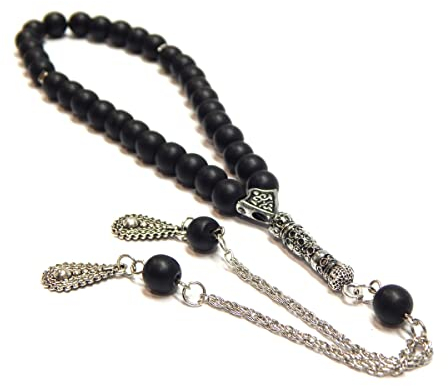 Gebetskette Tesbih Tasbih Tespih Misbaha Subha 33, 22cm, Muslimisches Islamic Rosenkranz Prayer Anbetungszubehör Halbedelstein Matt Onyx Schawarz Perlen Rund 8mm