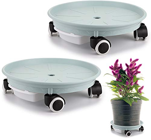 Skelang 2 Packs Plant Caddy 34cm, Plant Pallet with Water Container for Flower Pots Load Capacity 60kg, Nordic Blue