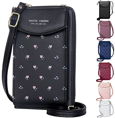 Handy Umhängetasche Damen- Handytasche mit Geldbörse zum umhängen Damen Schultertasche Klein reisepass Handytasche mit Kartenfächer Verstellbar Abnehmbar Schultergurt für Handy unter 6.5‘‘ Schwarz