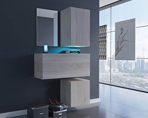Furnitech F2 Flur Dielenmöbel Garderobenschrank Dielenschrank Schuhschrank Flurmöbel Set Spiegel (LED blau, F2-M-S3)