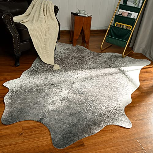 Rtizon Kuhfell-Teppich für Wohnzimmer, waschbarer Rindsleder-Teppich, große Kunsttierhaut, rutschfeste Kuhfell-Teppiche, 1,5 x 1,8 m, Rindsleder-Teppiche für Schlafzimmer, Büro, Küche, Kamin, Grau