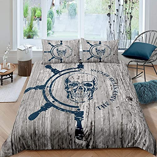 Nautical Skull Tröster Abdeckung 135x200 Piraten Bettwäsche Set für Kinder Teen Junger Mann Lenkrad Bettbezug Retro Woonden Tagesdecken Abdeckung Jungen Zimmer Dekor Mit 1 Kissenbezug Blau Braun