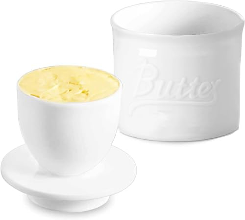 Webao Butterdose Keramic Buttertopf mit Deckel Französische Butterbehälter Wassergekühlt Keeper Spülmaschinengeeignet, Weiß