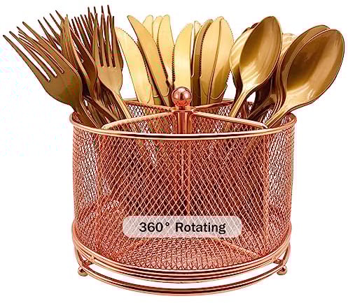 DysanVica 360 Rotating Metal Utensil Caddy - 4 Compartment Silverware Cutlery Holder Fork Spoon Napkin Organizer Flatware Storage Basket Party Countertop Buffet Picnic Camping Outdoor Rose Gold Pink