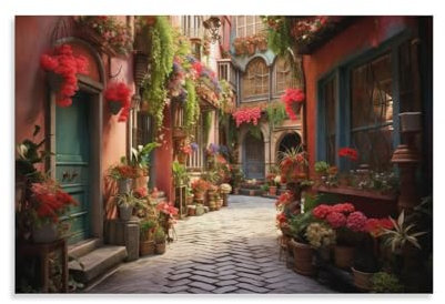Rustic Alleyway Canvas Wall Art Print Framed Flowers Plants House Country Alley Ready to Hang Canvas Print Posters Wall Art