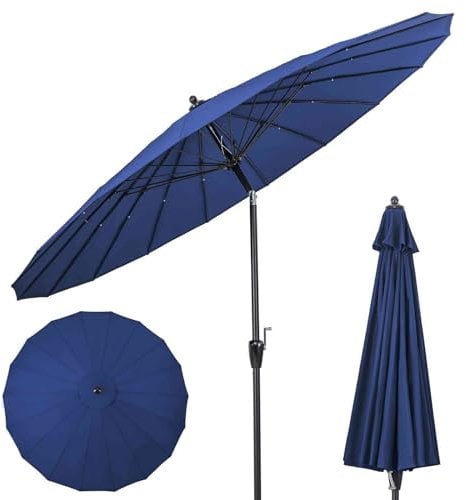 TANGZON 260cm/9ft Outdoor Patio Umbrella, Garden Parasol with Push Button Tilt, Crank Handle, Vented Top, 18 Heavy-Duty Fiberglass Rods, Market Umbrella for Poolside Deck Lawn Commercial (Navy Blue)