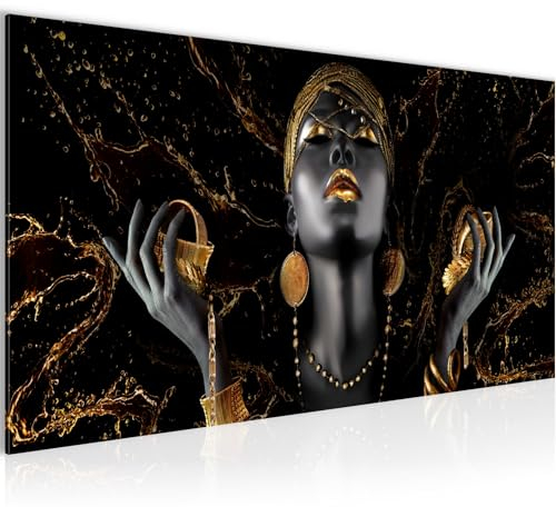 Runa Art Tableau Decoration Murale Femme africaine Moderne Toile non tissée Salon Salle Noir Or Fashion Beauty 045412a