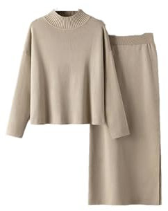 2-teiliges Strickset für Damen, Maxi-Rock, Trainingsanzüge, warmer Rollkragenpullover + langer, gerader Midirock, zweiteiliges Set, khaki, Einheitsgröße