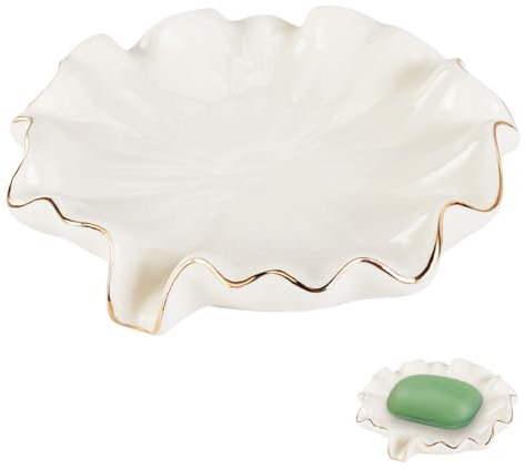 AHANDMAKER Porte-savon auto-drainant en céramique - Motif feuille de lotus blanche - Porte-savon en forme de feuille - Pour salle de bain, douche, évier de cuisine, comptoir de bar