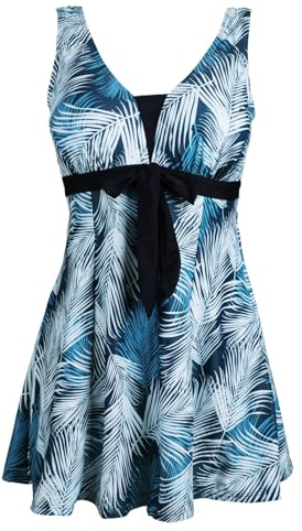 Ecupper Maillot de Bain Une Pieces pour Femme Rétro Jupe avec Volantée Contrôle du Ventre Push Up Col en V Feuille de Turquoise S