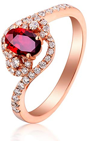 Stfery 18K Rosegold Au750 Ring Damen, Trauringe mit Rubin in Ovalschliff, Diamantring Echt Gold Schmuck, Gr.61 (19.4)
