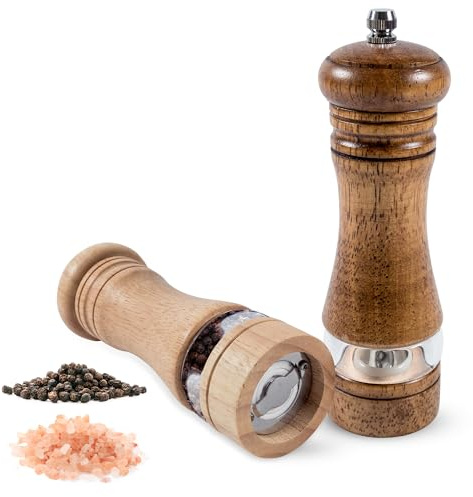 Treasy Salz- und Pfeffermühle Set aus Holz – 2er Set manuelle Mühlen mit Keramikmahlwerk – Gewürzmühle für Salz, Pfeffer & Gewürze – Verstellbar, nachfüllbar, 16,5 cm hoch