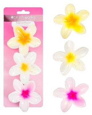 Brushworks Tropical Flower Claw Clips (3-Pack) – Glossy Floral Hair Clamps, Secure Grip for Thick & Thin Hair, Hawaiian Plumeria Flower Summer Hair Accessories for Women & Girls, Vegan & Cruelty-Free