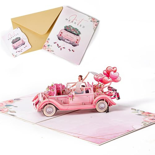 Satiskid Pop-Up Karte Hochzeit mit Hochzeitsauto, 3D Hochzeitskarte Just Married Oldtimer Design, Romantische Glückwunschkarte zur Hochzeit für Brautpaar, Geldgeschenk Karte mit Blumenmotiv (Rosa)