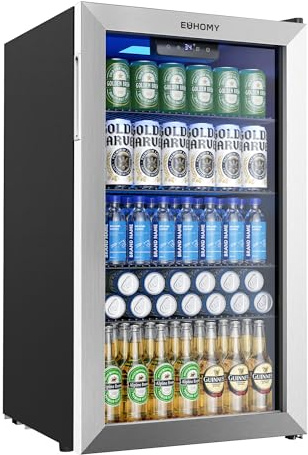 EUHOMY Mini Fridge 130 Can Beverage Refrigerator Cooler Glass Door for Soda Wine Beer, Beverage Cooler for Home, Bar, Office with Digital Temperature Control Adjustable Shelves, 3.2 Cu.Ft, Silver
