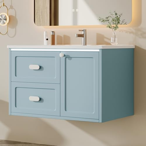 Mueble bajo lavabo azul con lavabo de cerámica 76 x 46 x 51 cm, mueble de baño colgante azul claro con 2 cajones y puerta de armario, espacio de lavado para apartamento y baño