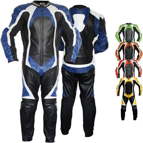 German Wear Einteiler Motorradkombi Lederkombi aus Büffelleder echtleder Kombi, 54/XL, Farbe:Blau
