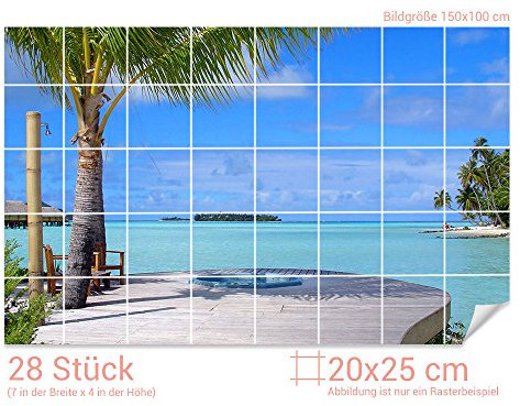 GRAZDesign Fliesenaufkleber Bad selbstklebende Fliesen Motiv Palme Meerblick Klebefliesen - 20x25cm / Bild: 150x100cm (BxH)