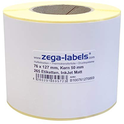 Inkjet Etiketten auf Rolle - 76 x 127 mm - 265 Stück je Rolle - Kern: 50 mm - Papier weiss matt - aussen gewickelt - permanent haftend - Druckverfahren: Ink Jet (Rollen Tintenstrahl Drucker)