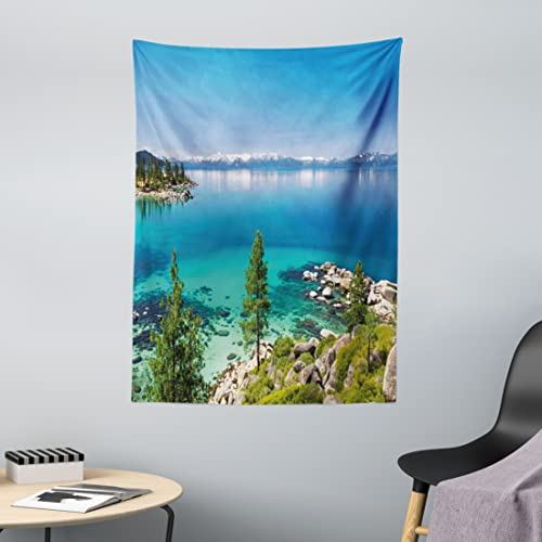 ABAKUHAUS Blau Wandteppich, Ruhige Tahoe Küstenlinie aus Weiches Mikrofaser Stoff Waschbar ohne Verblassen Digitaldruck, 110 x 150 cm, Blaugrau Grün
