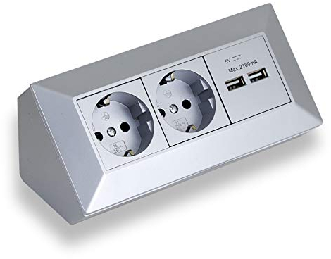 Eck-Steckdose Aufbaumontage 2X Schuko, 2X USB für Küche, Büro, Werkstatt. Steckdosenleiste ideal für Küchen-Arbeitsplatte, Aufbausteckdose oder Unterbausteckdose (2 Schuko, 2 USB grau)